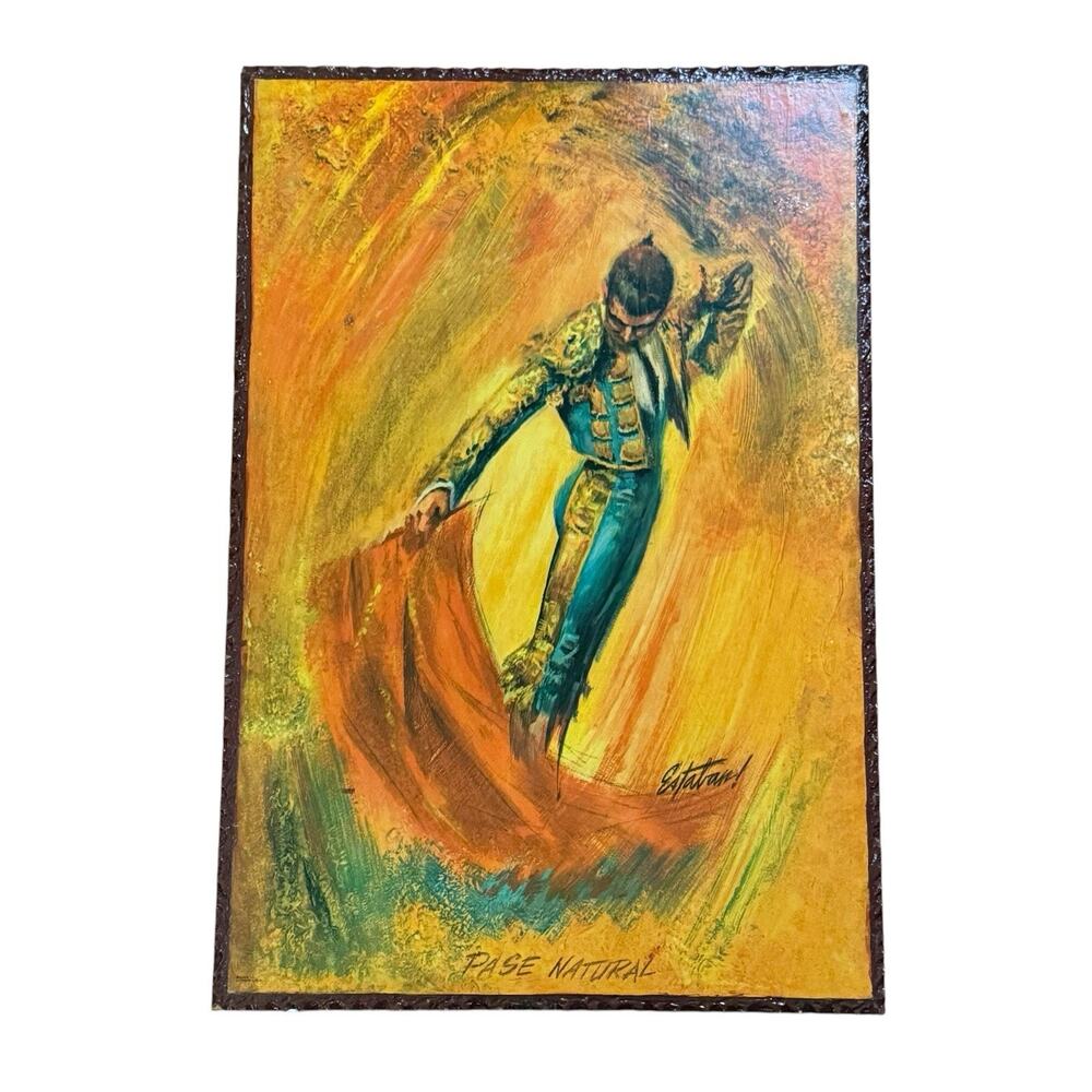 VTG 1960s MCM Pase Natural Bullfighter By Esteban Print On Wood Board 25” X 17”